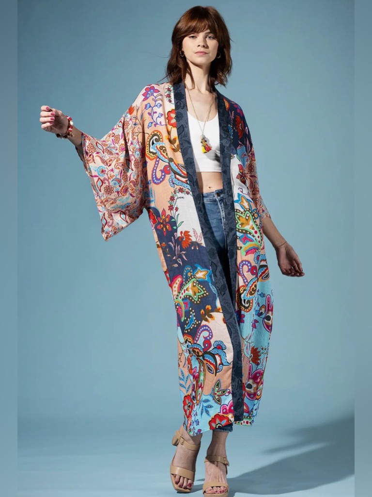 Petal Indigo Tapestry Colorful Paisley Long Kimono Duster